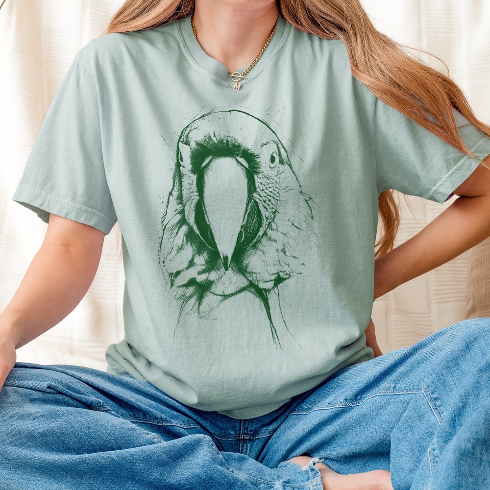 Parrot Head Line Art Graphic Tee Intricate Engraving Style
